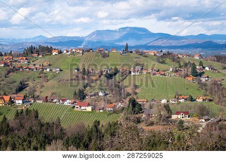 View From Village Langegg Over Schilcherland Stainz Weinstrasse Vine Route With Vineyards And Farm H