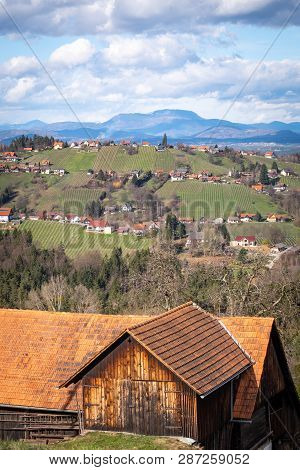 View From A Farmhouse In Village Langegg Over Schilcherland Stainz Weinstrasse Vine Route With Viney