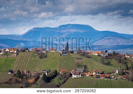 View From Village Langegg Over Schilcherland Stainz Weinstrasse Vine Route With Vineyards And Farm H