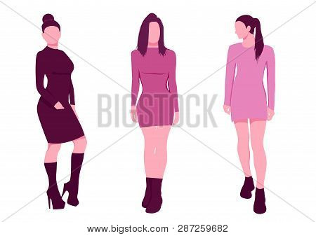 Sexy Woman Silhouettes In Short Dresses. Pink Style Set Vector
