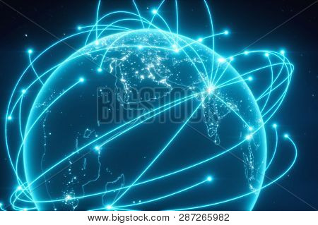World Connections With City Lights. Blue. Earth Globe. Spinning Earth With Light Lines Growing From 