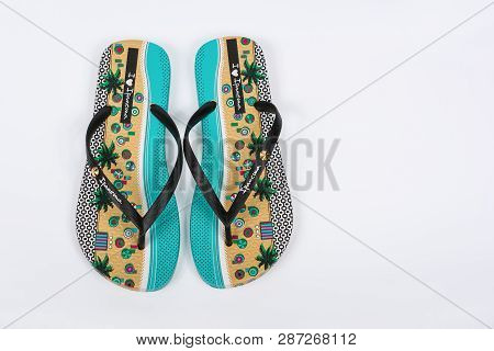 Burgas, Bulgaria - August 18, 2018: Multicolored Ipanema Fashion Flip Flops On White Background. Ipa