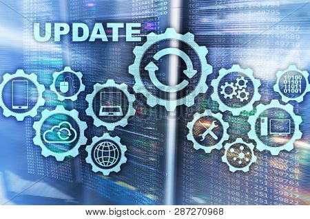 Update Software Computer On Virtual Screen Server Room Datacenter Background. Technology Updating Co