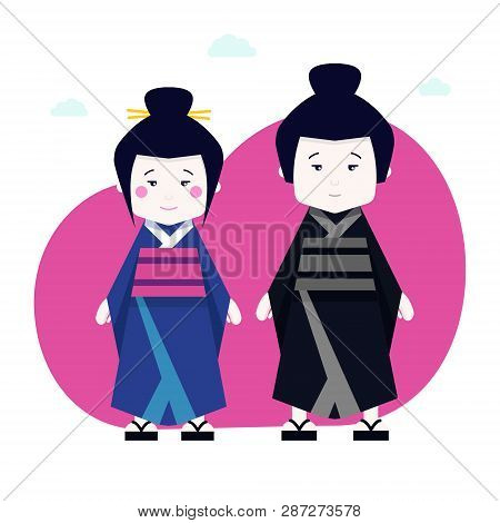 Japanese Family In Kimono, Man And Woman In National Costume.