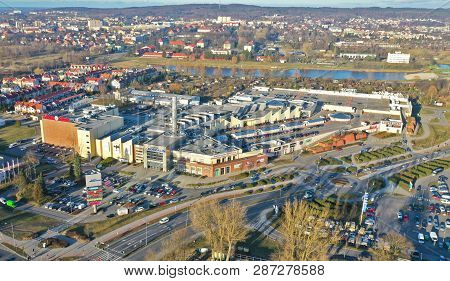 Koszalin, Poland - 01 March 2019 - Aerial View On Big Shopping Center Atrium Koszalin In Koszalin Ci