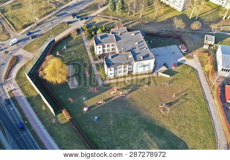Koszalin, Poland - 01 March 2019 - Aerial View On Fenced Przedszkole Nr 12 At Lechicka Street In Kos
