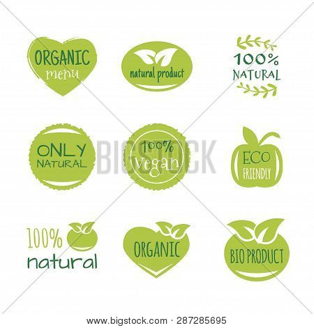 Eco Food, Organic Bio Products, Eco Friendly, Vegan Icons, Ecology. Set Of Vector Logo Design Elemen