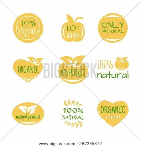 Eco Food, Organic Bio Products, Eco Friendly, Vegan Icons, Ecology. Set Of Vector Logo Design Elemen