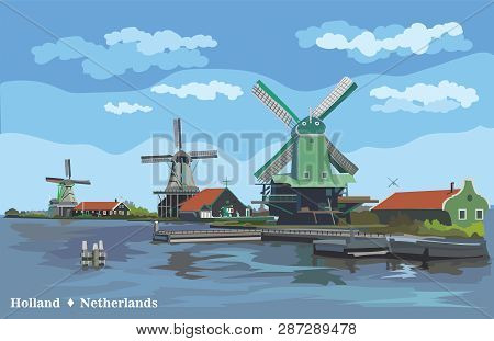 Vector Illustration Of Watermill In Amsterdam (netherlands, Holland). Landmark Of Holland. Watermill