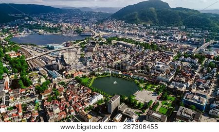 Bergen is a city and municipality in Hordaland on the west coast of Norway. Bergen is the second-largest city in Norway. The view from the height of bird flight. Aerial FPV drone flights.