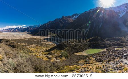 Blue Lakes and the mountains on the Tasman Valley Walk and Tasman Glacier View, South Island, New Zealand
