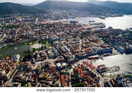Bergen is a city and municipality in Hordaland on the west coast of Norway. Bergen is the second-largest city in Norway. The view from the height of bird flight. Aerial FPV drone flights.