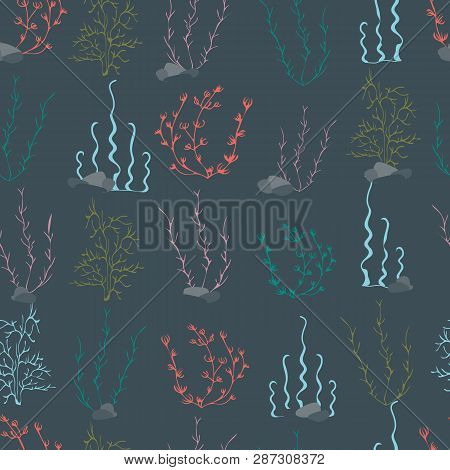 Vector Illustration Of Stylized Seaweeds Underwater. This Colourful, Stylish Seamless Repeat Pattern
