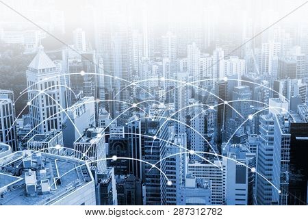 Modern Urban Skyline With High-speed Data And Internet Communication Network. Concept Of Cyber Netwo