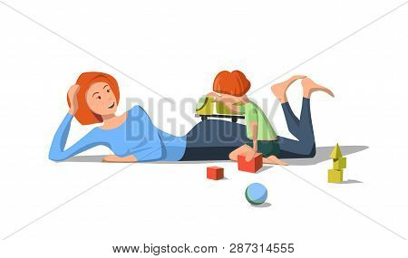 Vector Flat Mother Lies On Floor Playing With Small Child. Boy With Toy Car Hands On Floor Are Scatt