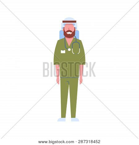 Arab Male Doctor With Stethoscope Arabic Man In Keffiyeh And Green Uniform Hospital Medicine Worker 