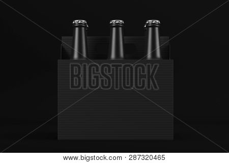 Cardboard Box With Glass Matte Black Beverage Bottles On Dark Background. Mock Up. 3d Rendering