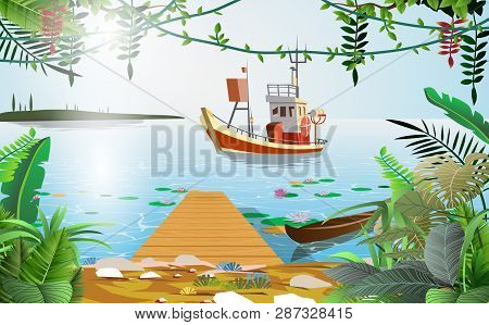 Fishing Boat In The River With Blue Sky Background
