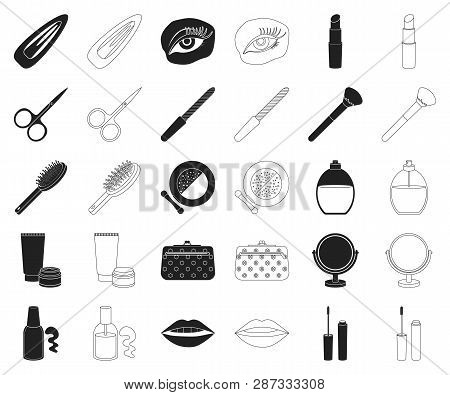 Makeup And Cosmetics Black, Outline Icons In Set Collection For Design. Makeup And Equipment Vector 