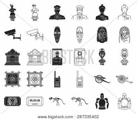 Museum And Gallery Black, Outline Icons In Set Collection For Design. Storage And Exhibition Of Show