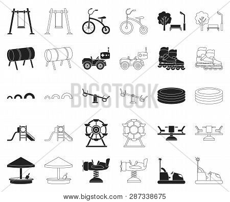 Playground, Entertainment Black, Outline Icons In Set Collection For Design. Attraction And Equipmen