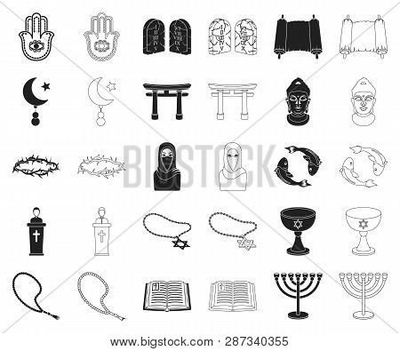 Religion And Belief Black, Outline Icons In Set Collection For Design. Accessories, Prayer Vector Sy
