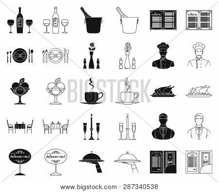 Restaurant And Bar Black, Outline Icons In Set Collection For Design. Pleasure, Food And Alcohol Vec