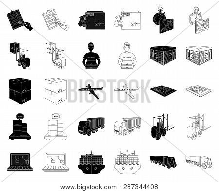 Logistics And Delivery Black, Outline Icons In Set Collection For Design. Transport And Equipment Is