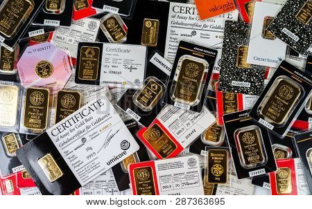 Kyiv, Ukraine - November 2, 2018: A Lot Of Minted Gold Bars Various Weight Sealed In The Original Pa