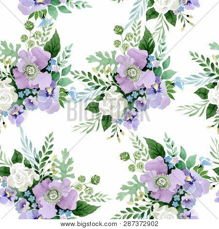 Violet Bouquet Floral Botanical Flowers. Watercolor Background Illustration Set. Seamless Background