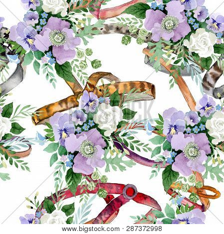 Violet Bouquet Floral Botanical Flowers. Watercolor Background Illustration Set. Seamless Background