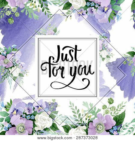 Violet Bouquet Floral Botanical Flowers. Watercolor Background Illustration Set. Frame Border Orname