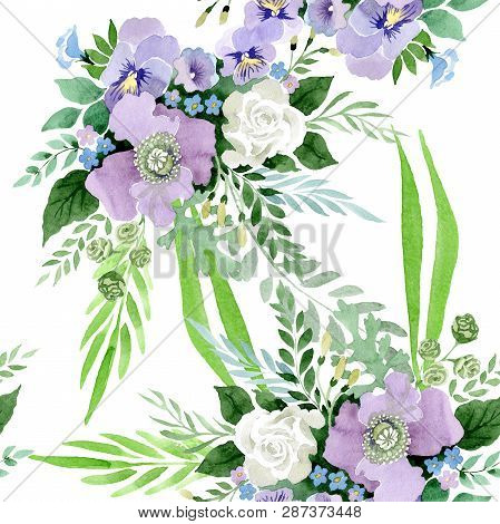 Violet Bouquet Floral Botanical Flowers. Watercolor Background Illustration Set. Seamless Background
