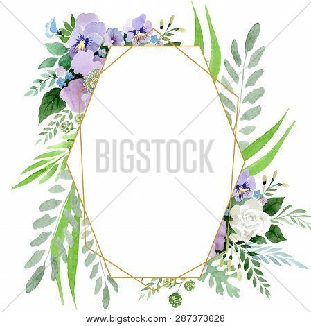 Violet Bouquet Floral Botanical Flowers. Watercolor Background Illustration Set. Frame Border Crysta