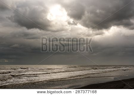Stormy Sky Over The Sea, Seascape With Rainy Clouds, Bad Weather And Condition For Navigation