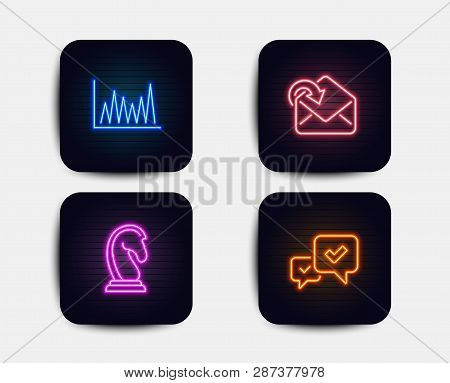 Neon Glow Lights. Set Of Receive Mail, Line Graph And Marketing Strategy Icons. Approve Sign. Incomi