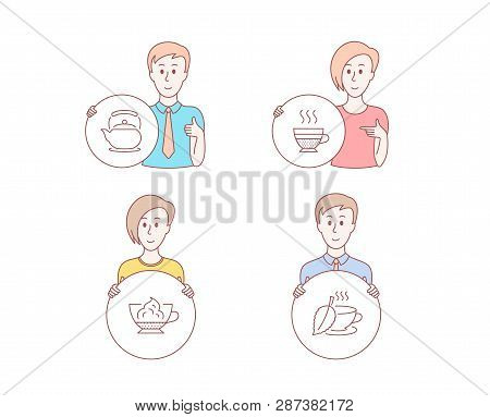 People Hand Drawn Style. Set Of Teapot, Espresso Cream And Cafe Creme Icons. Mint Tea Sign. Tea Kett