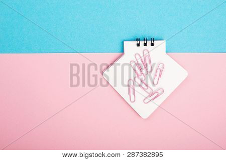 Empty Notebook Or Notepad On Pink And Blue Background With A Double Color Stationery. Creative Minim