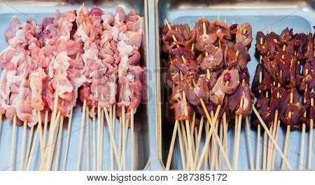 Mala Bbq In Thailand, Meat Or Vegetable Grilled With Chinese Mala Spicky Sauce At Street Market