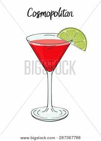Cosmopolitan Cocktail, With Lime. For Cafe And Restaurant Menu, Packaging And Advertisement. Hand Dr