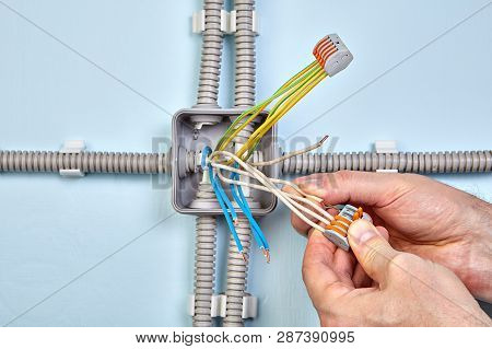 Electrician Groups The Wires Together Using Spring Terminals With Handling Levers.