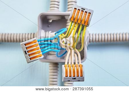 Home Junction Box Wiring With Wires Connected With Help Of Pluggable Terminal Block.