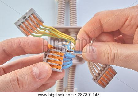 Pluggable Terminal Blocks Connected Together Three Groups Of Wires Of Plastic Junction Box.