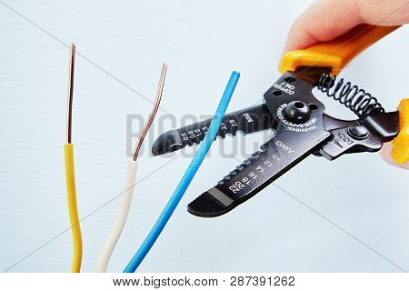 Electrician Uses The Wire Stripper Cutter To Remove Of Insulation From The Tip Of Each Of The Wires 