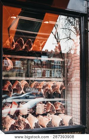 London, Uk - March 2, 2019: Variety Of Fresh Raw Steaks In The Shopfront Of Hampstead Butchers In Ha