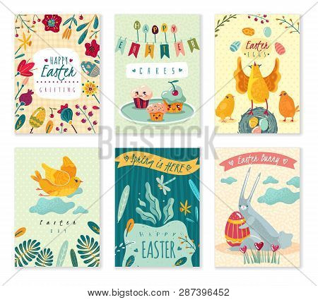 Set Of Easter Greeting Cards With Cute Cartoon Characters And Flowers