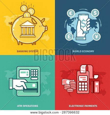 Set Of Square Conceptual Banners On Economic Theme In A Flat Style