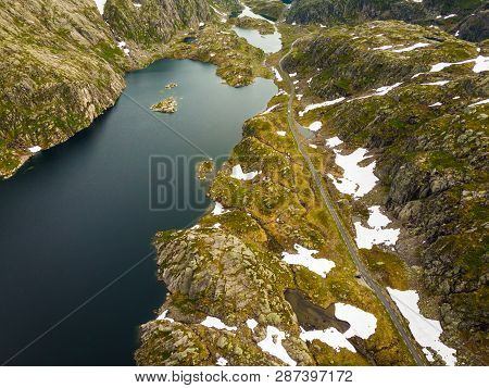 Aerial View. Norway Landscape. Road And Lakes In Stony Rocks Mountains. Norwegian National Tourist S