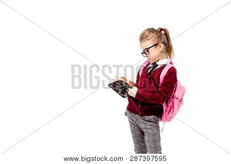 Back To School. Beautiful Little Girl Dressed Like A School Girl - In White Shirt, Red Blouse And Gr