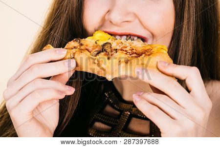 Young Woman Eating Hot Fresh Pizza Slice. Delicious Fast Food Meal. People, Italian Cuisine Concept.